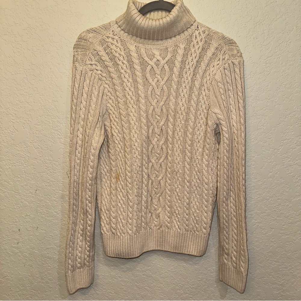 Jeanne Pierre Large Tan Cable Knit 100% Cotton Turtleneck Casual Winter Sweater